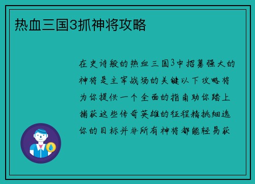 热血三国3抓神将攻略